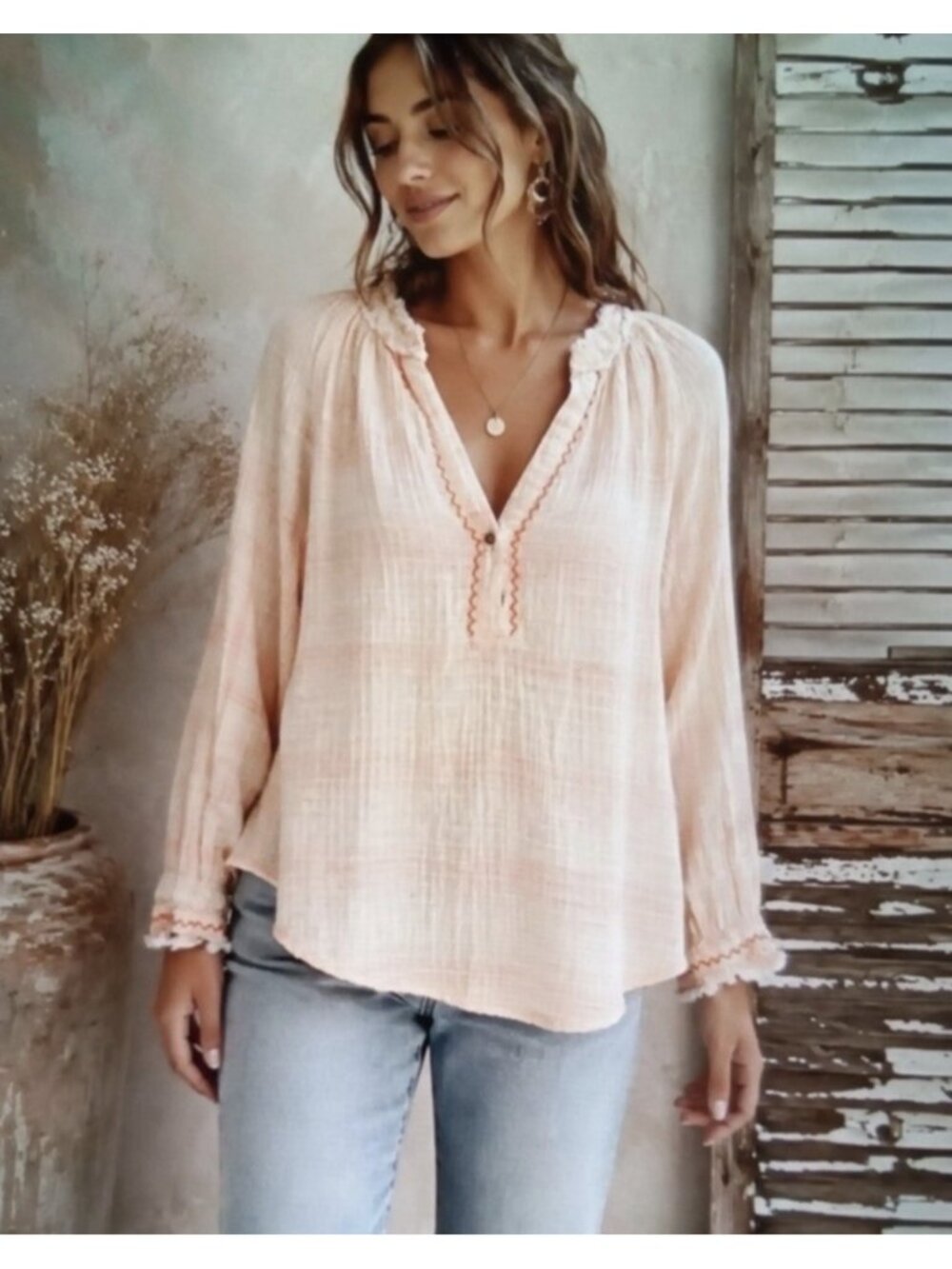 Sundance Gentle Breeze Gauze 100% Cotton Peach Orange Long Sleeve Top Size M